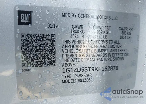 2019 Chevrolet Malibu Lt из США, поврежденный, VIN 1G1ZD5ST9KF162878